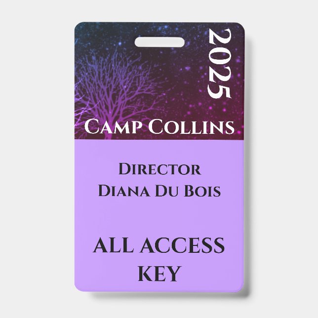 Modern Purple and Black Rustic Camp Staff Badge (Front)