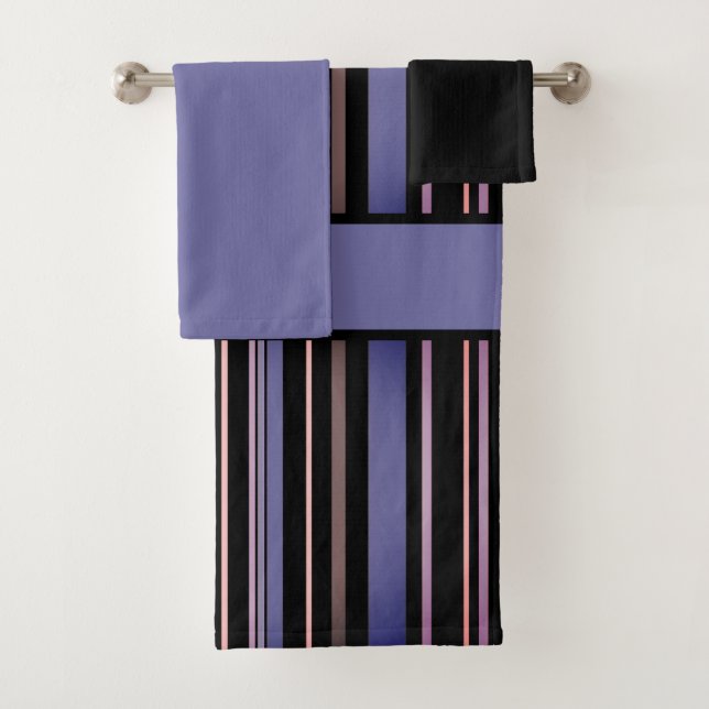 Modern Purple and Black Vertical Striped  Bath Towel Set (Insitu)
