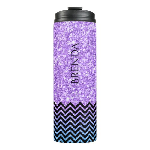 Modern Purple And Blue Glitter  Black Chevron Thermal Tumbler