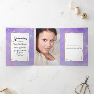 Modern Purple and Custom Photo Quinceañera Tri-Fold Invitation