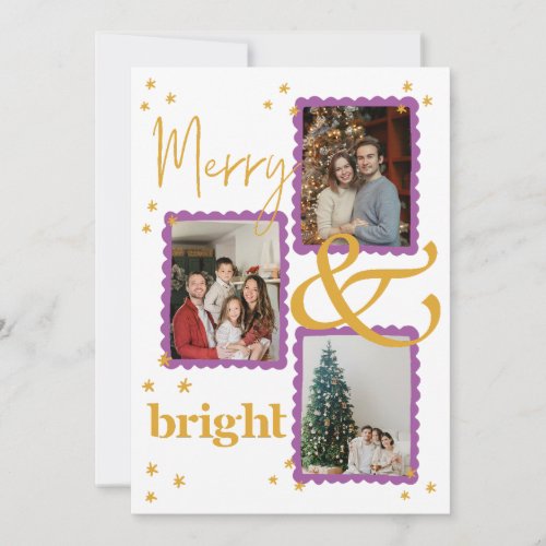 Modern Purple and Gold 3 Photo Merry and Bright Holiday Card