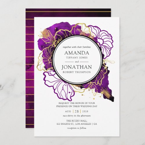 Modern Purple and Gold Abstract Floral Wedding Invitation