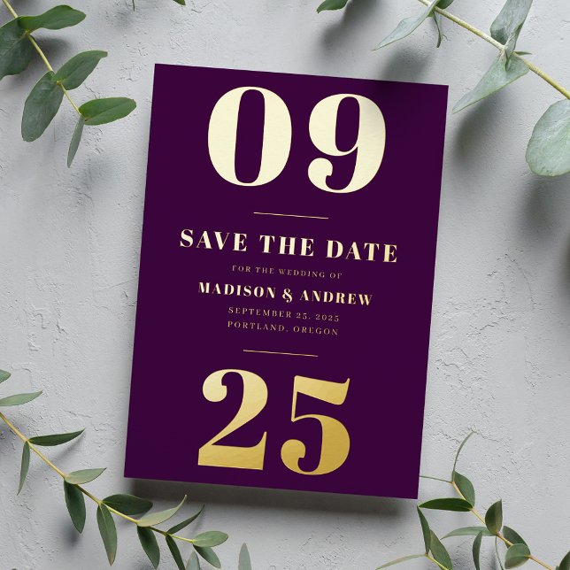 Modern Purple and Gold Bold Date Save the Date Foil Invitation (Creator Uploaded)