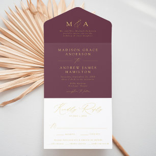 Modern Purple and Gold Foil Monogram Wedding All In One Invitation