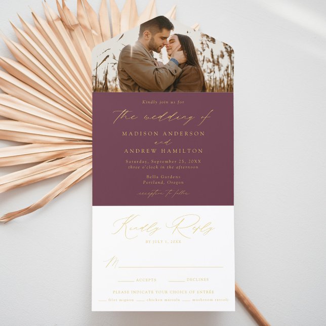 Modern Purple and Gold Foil Script Photo Wedding All In One Invitation (Creator Uploaded)