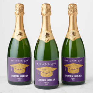 Modern Purple and Gold Graduation Cap Sparkling Wine Label