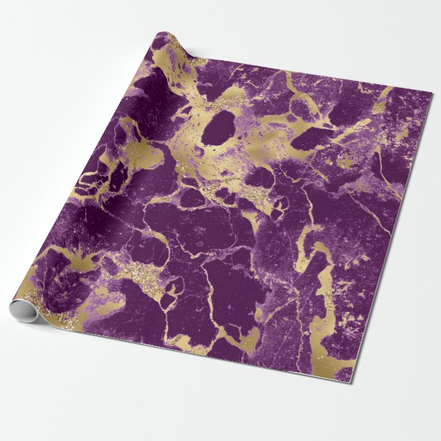 Modern Purple and Gold Marble Pattern Wrapping Paper (Unrolled)