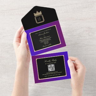Modern Purple and Gold Monogram Wedding All In One Invitation