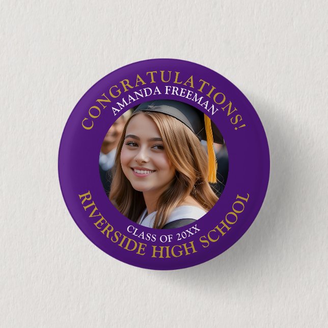 Modern Purple and Gold Photo Graduation Button (Front)