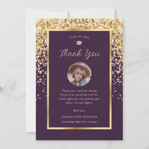 Modern Purple and Gold Photo Graduation Thank You Card