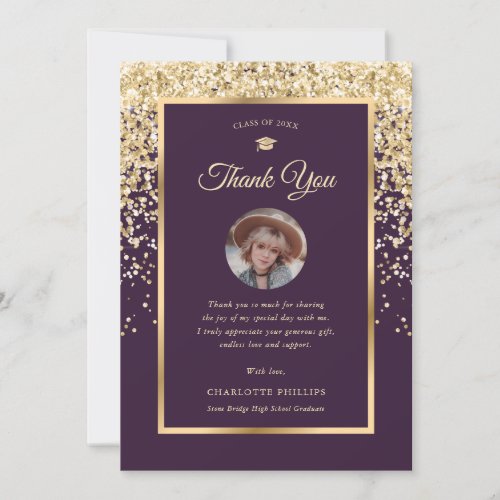 Modern Purple and Gold Photo Graduation Thank You Card
