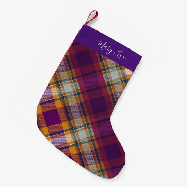 Modern Purple and Gold Plaid Elegant Small Christmas Stocking (Front (Hanging))
