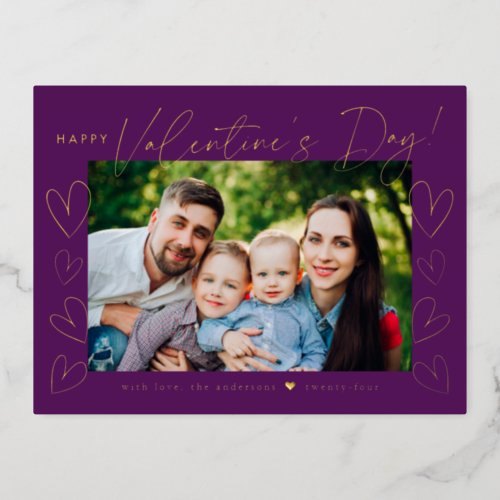 Modern Purple and Gold Script Valentines Day Foil Holiday Postcard