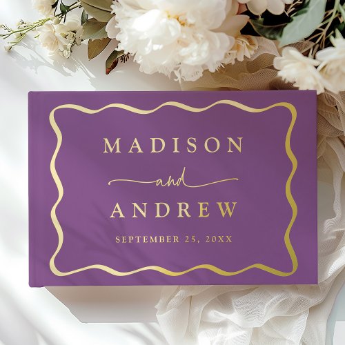 Modern Purple and Gold Wavy Frame Photo Wedding Foil Guest Book