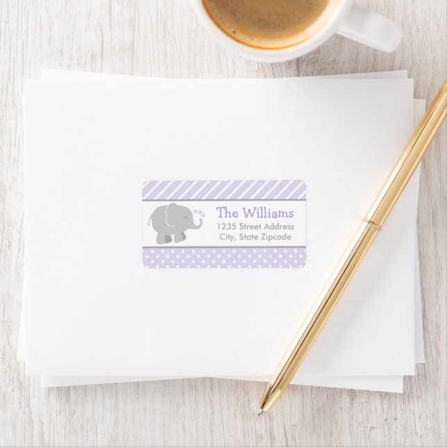 Modern Purple and Gray Elephant Girl Address Label (Insitu)