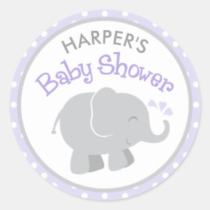 Modern Purple and Gray Elephant Girl Baby Shower Classic Round Sticker