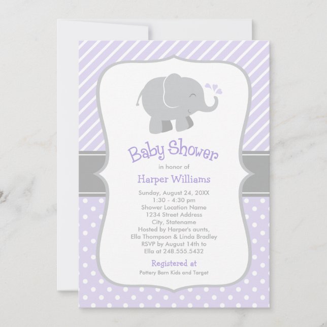Modern Purple and Gray Elephant Girl Baby Shower Invitation (Front)