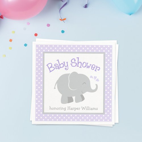 Modern Purple and Gray Elephant Girl Baby Shower Napkins