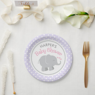 Modern Purple and Gray Elephant Girl Baby Shower Paper Plates