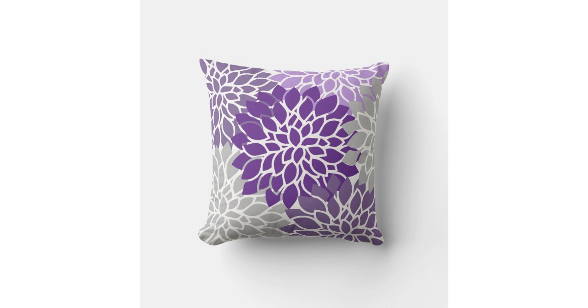 Modern Purple and Gray Floral Throw Pillow | Zazzle