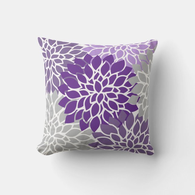 Modern Purple and Gray Floral Throw Pillow (Front)