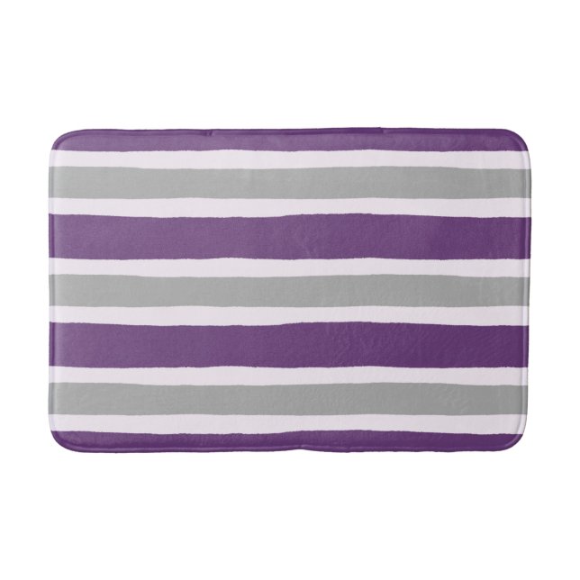 Modern Purple and Gray Stripe Pattern Bath Mat (Front)