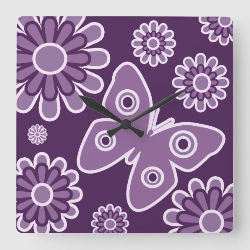 Modern Purple And Lavender Floral Spring Butterfly Square Wall Clock