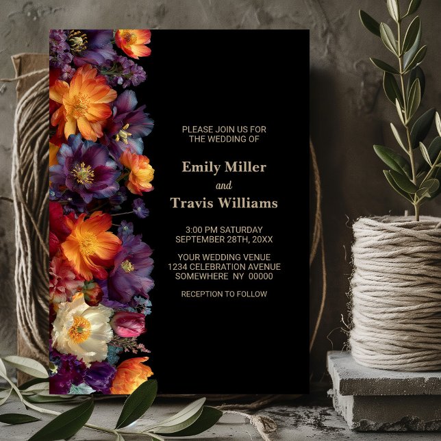 Modern Purple and Orange Floral Black Wedding Invitation (Creator Uploaded)