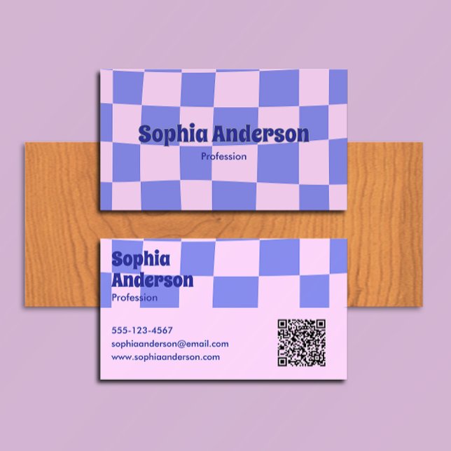 Modern Purple and Pink Checkerboard - Qr Code  Business Card (Creator Uploaded)