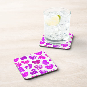 Modern Purple and Pink Doodled Hearts Valentine Drink Coaster