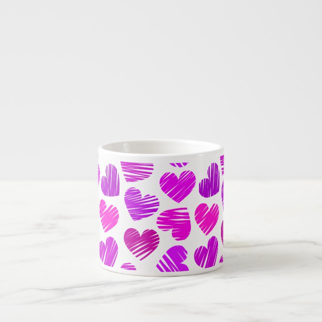 Modern Purple and Pink Doodled Hearts Valentine Espresso Cup (Front)