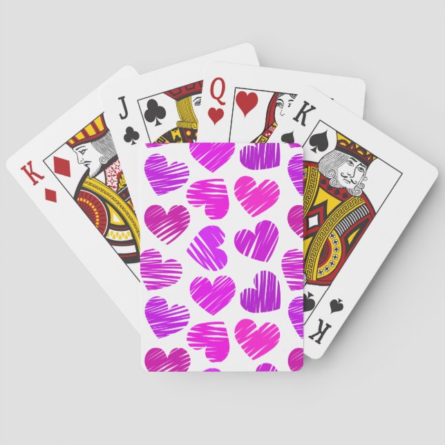 Modern Purple and Pink Doodled Hearts Valentine Poker Cards (Back)