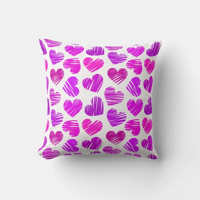 Modern Purple and Pink Doodled Hearts Valentine Throw Pillow (Front)