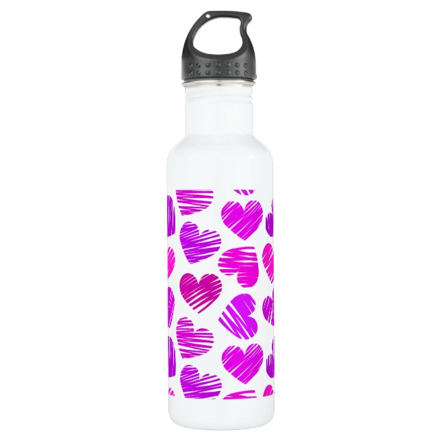 Modern Purple and Pink Doodled Hearts Valentine Water Bottle (Front)