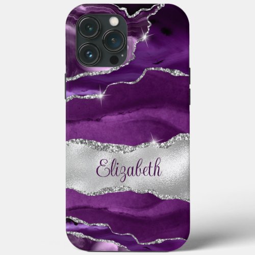 Modern Purple and Silver Agate Monogram iPhone 13 Pro Max Case