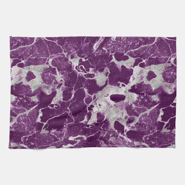 Modern Purple and Silver Marble Pattern Kitchen Towel (Horizontal)