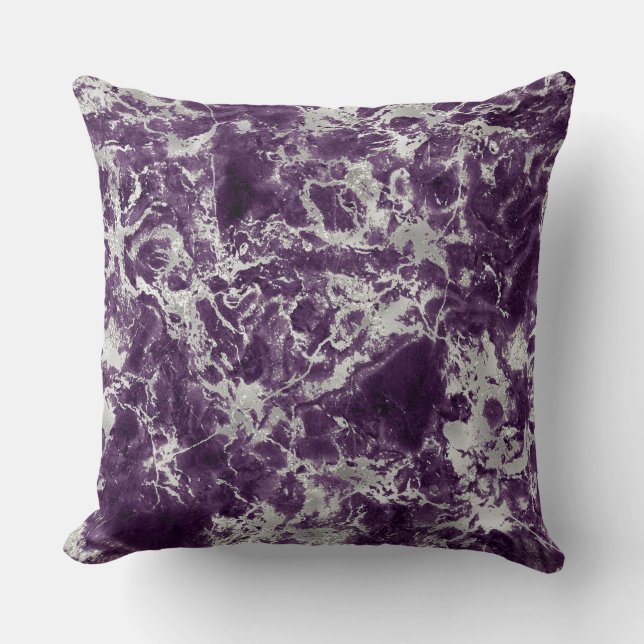 Modern Purple and Silver Marble Pattern Throw Pillow (Front)