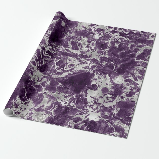 Modern Purple and Silver Marble Pattern Wrapping Paper (Unrolled)