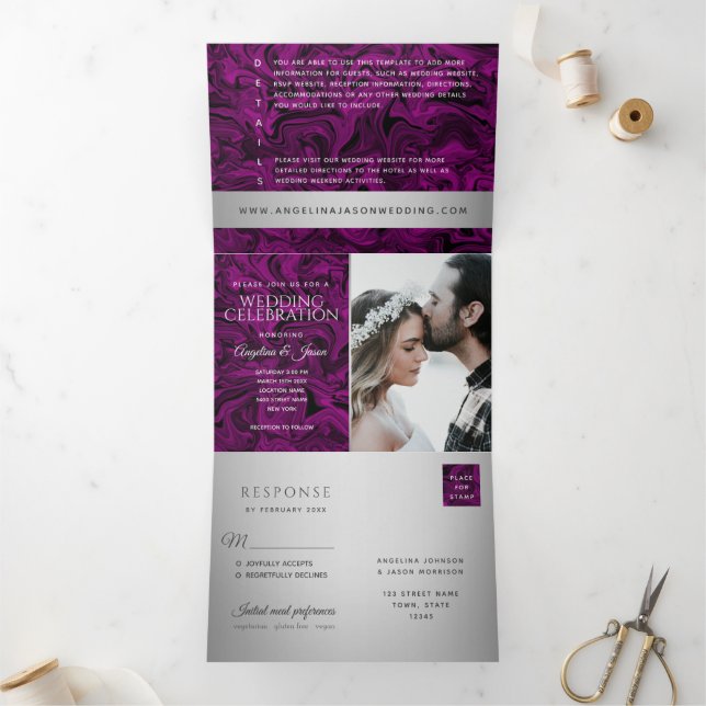 Modern Purple and Silver Photo Wedding Tri-Fold Invitation (Inside)