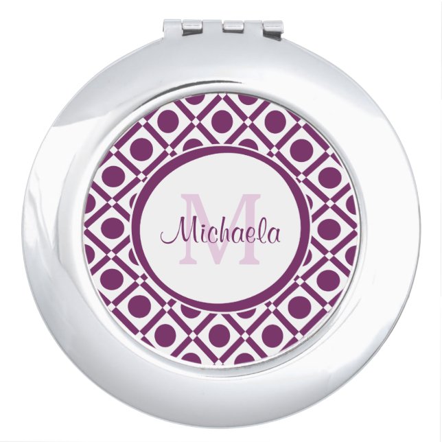 Modern Purple and White Geometric Monogrammed Name Compact Mirror (Front)