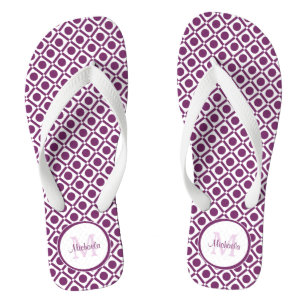 Modern Purple and White Geometric Monogrammed Name Flip Flops