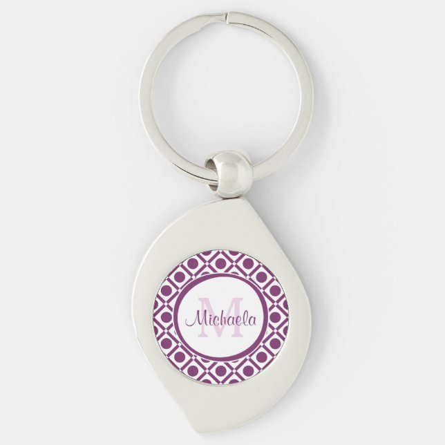 Modern Purple and White Geometric Monogrammed Name Keychain (Front)