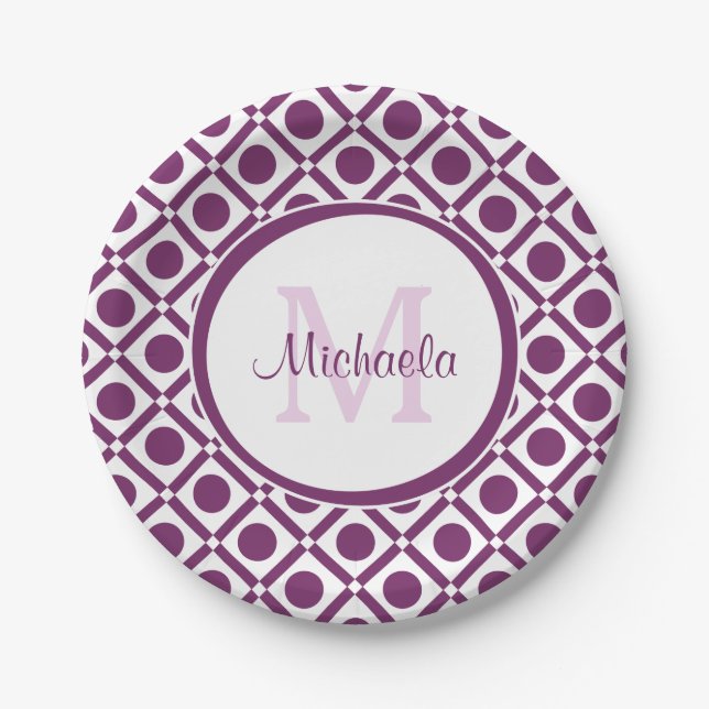 Modern Purple and White Geometric Monogrammed Name Paper Plates (Front)