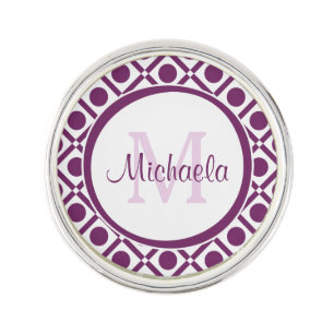 Modern Purple and White Geometric Monogrammed Name Pin