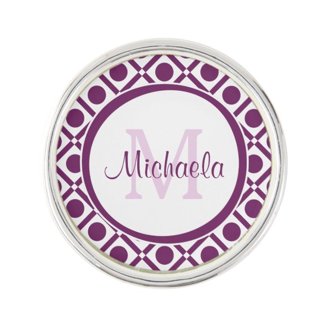 Modern Purple and White Geometric Monogrammed Name Pin (Front)