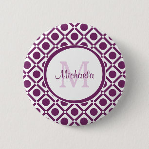 Modern Purple and White Geometric Monogrammed Name Pinback Button