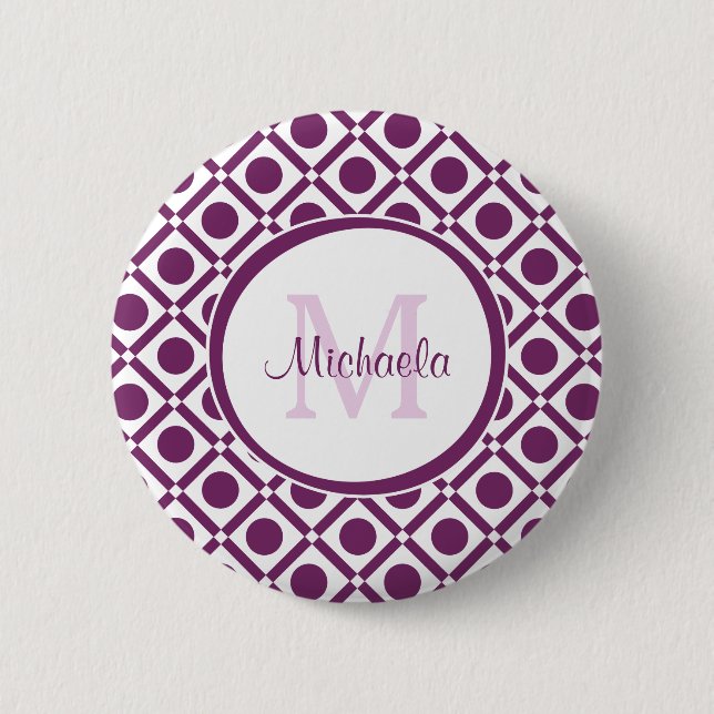 Modern Purple and White Geometric Monogrammed Name Pinback Button (Front)
