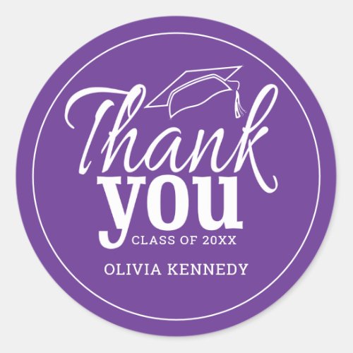 Modern Purple And White Graduation Thank You  Classic Round Sticker