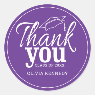 Modern Purple And White Graduation Thank You  Classic Round Sticker
