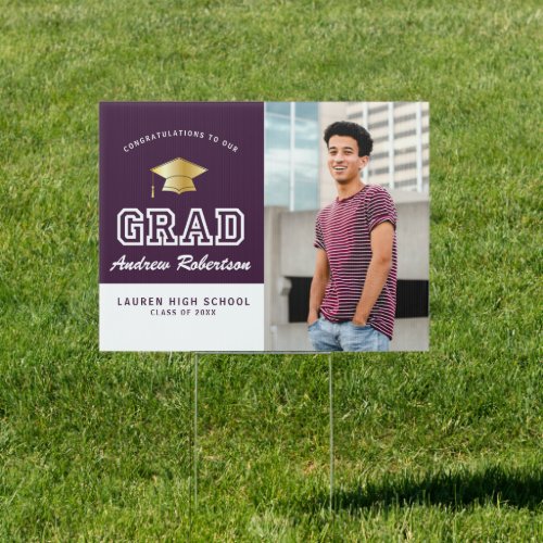 modern purple and white photo graduation yard sign